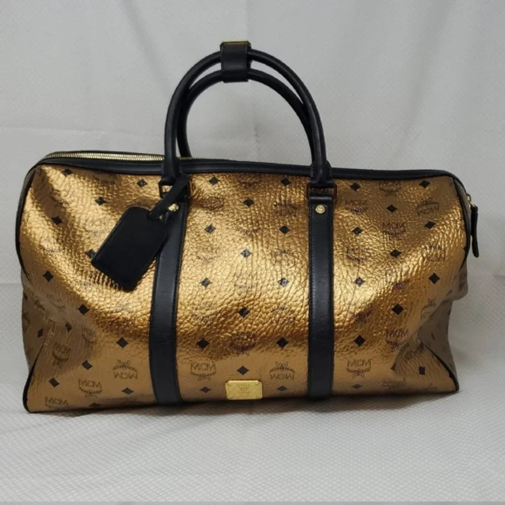 MCM Metallic Gold Weekend Duffle Duffel Coated Travel Bag Handbag